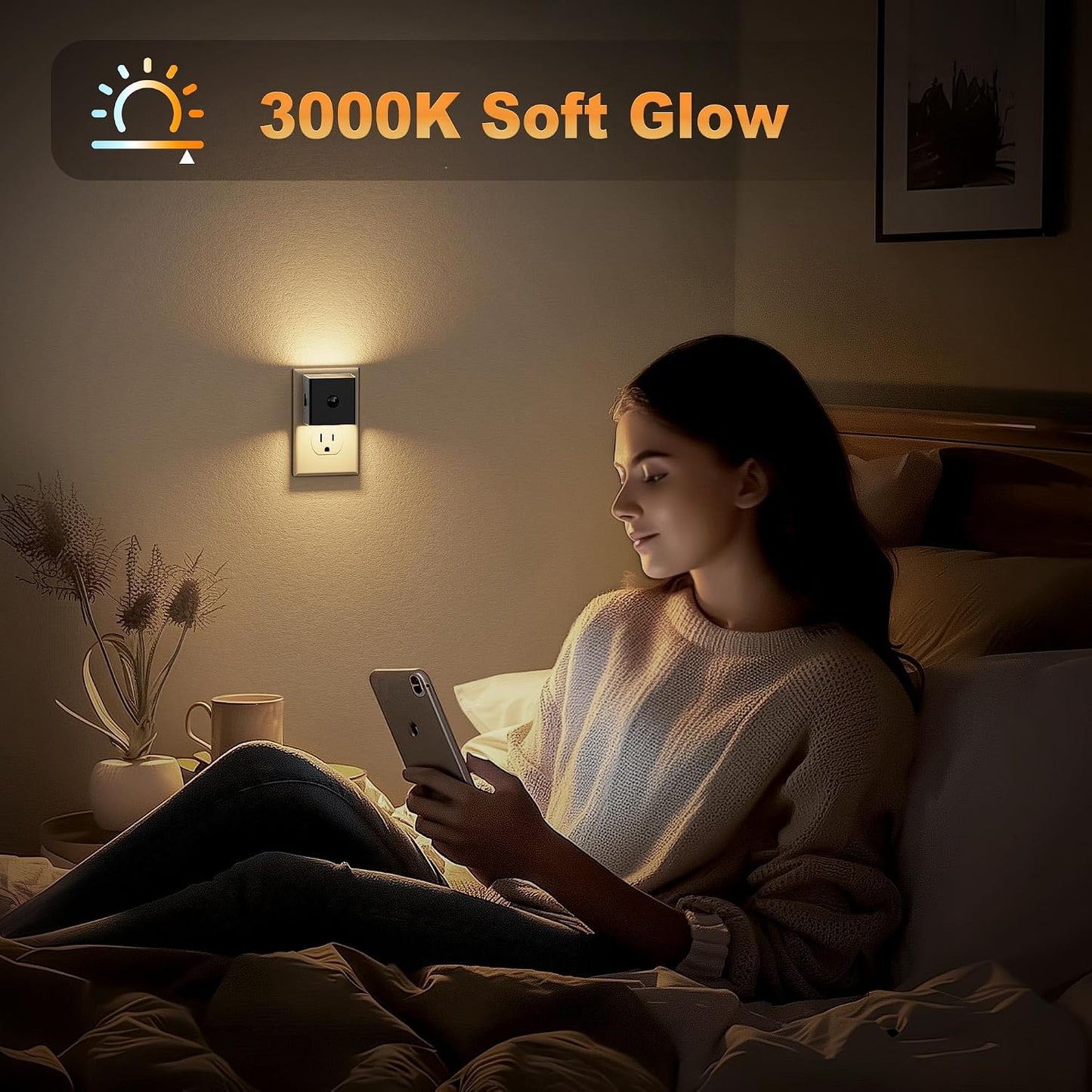 JandCase Night Light, Modern Night Lights Plug into Wall,2 Pack Dusk to Dawn Sensor Nightlight, Amber Brightness Adjustable Nightlight for Kids Bathroom Hallway Kitchen Bedroom Decor