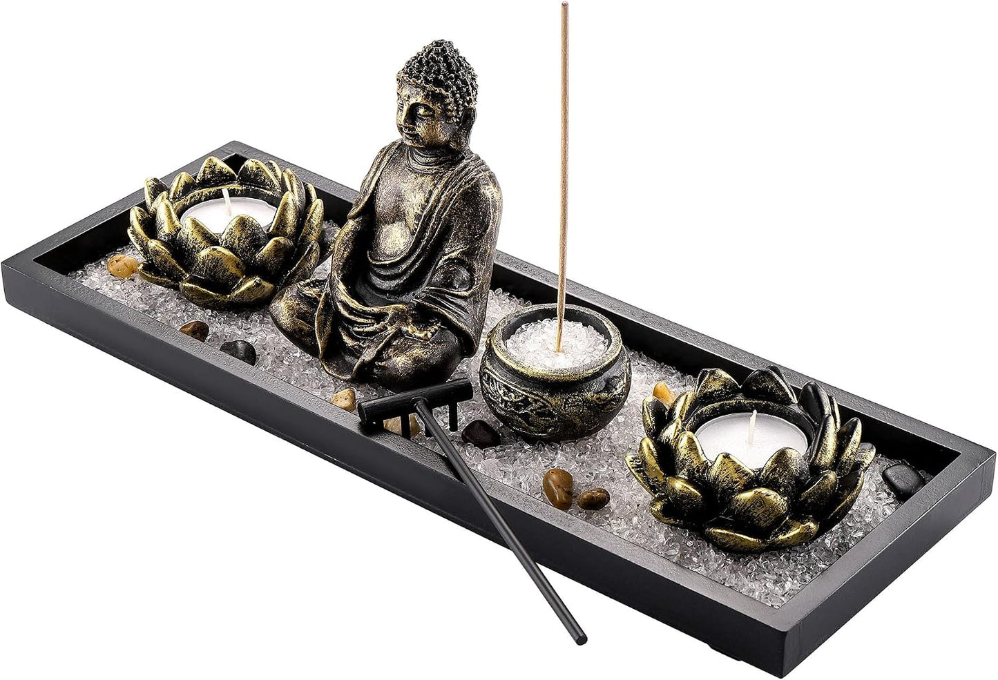 Jovivi Zen Garden Set Buddha Statue w/Tealight Candle Holder, Rocks & Incense Burner Holder & Wood Tray for Yoga Meditation Home Table Decor Gift