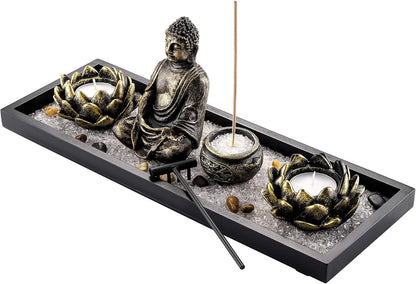 Jovivi Zen Garden Set Buddha Statue w/Tealight Candle Holder, Rocks & Incense Burner Holder & Wood Tray for Yoga Meditation Home Table Decor Gift