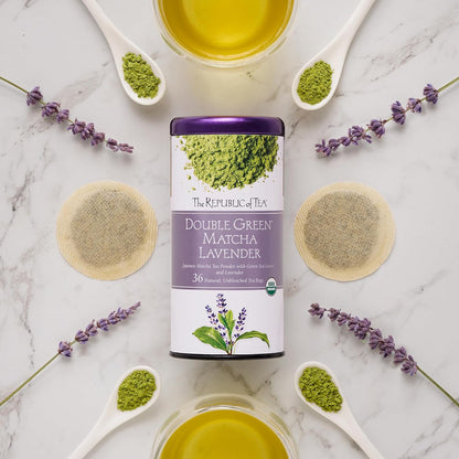 The Republic of Tea Organic Double Green Matcha Lavender, Individual Tea Bags with Japanese Matcha Tea Powder and Green Tea Leaves Blend, Natural Unbleached Bags in Reusable Canister, 36 Tea Bags