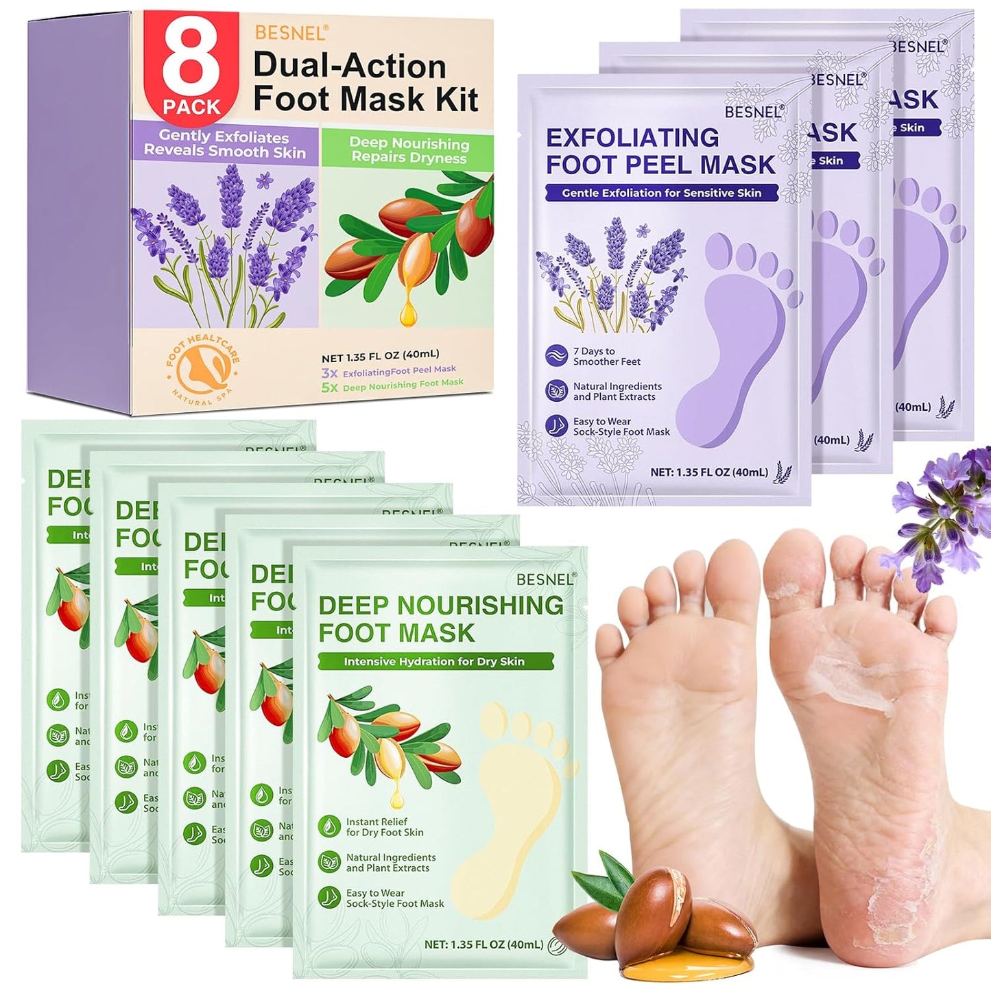 BESNEL 8Pack Moisturizing＆Foot Peeling Foot Mask, Teacher Appreciation Gifts, Hydrating Foot Masks Dry Cracked Feet, Soothing Moisturizer Socks Repair Rough Heels＆Baby Soft Feet(8Pack)