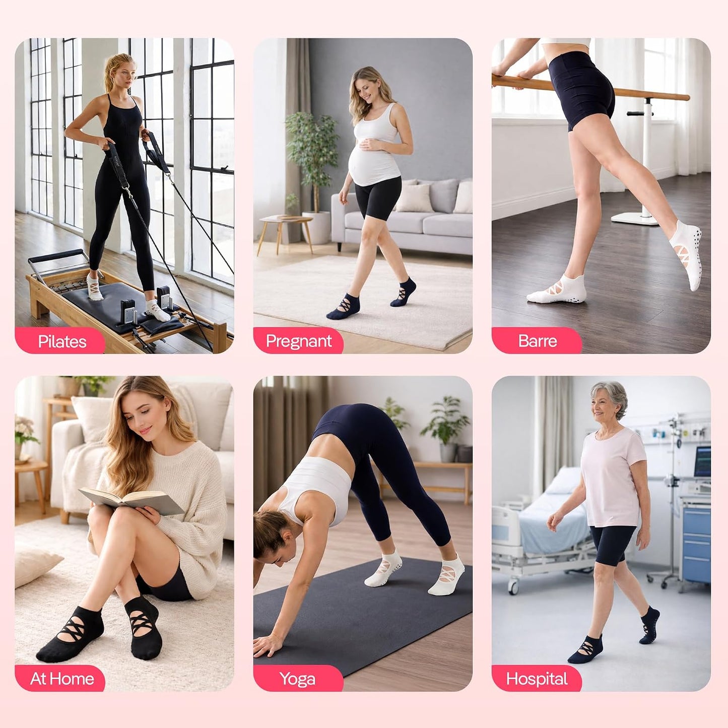 COOLMATE Pilates Socks with Grips for Women, Yoga Socks, Crew Non Slip Women for Barre, Pilates Gifts for Women - Colors B