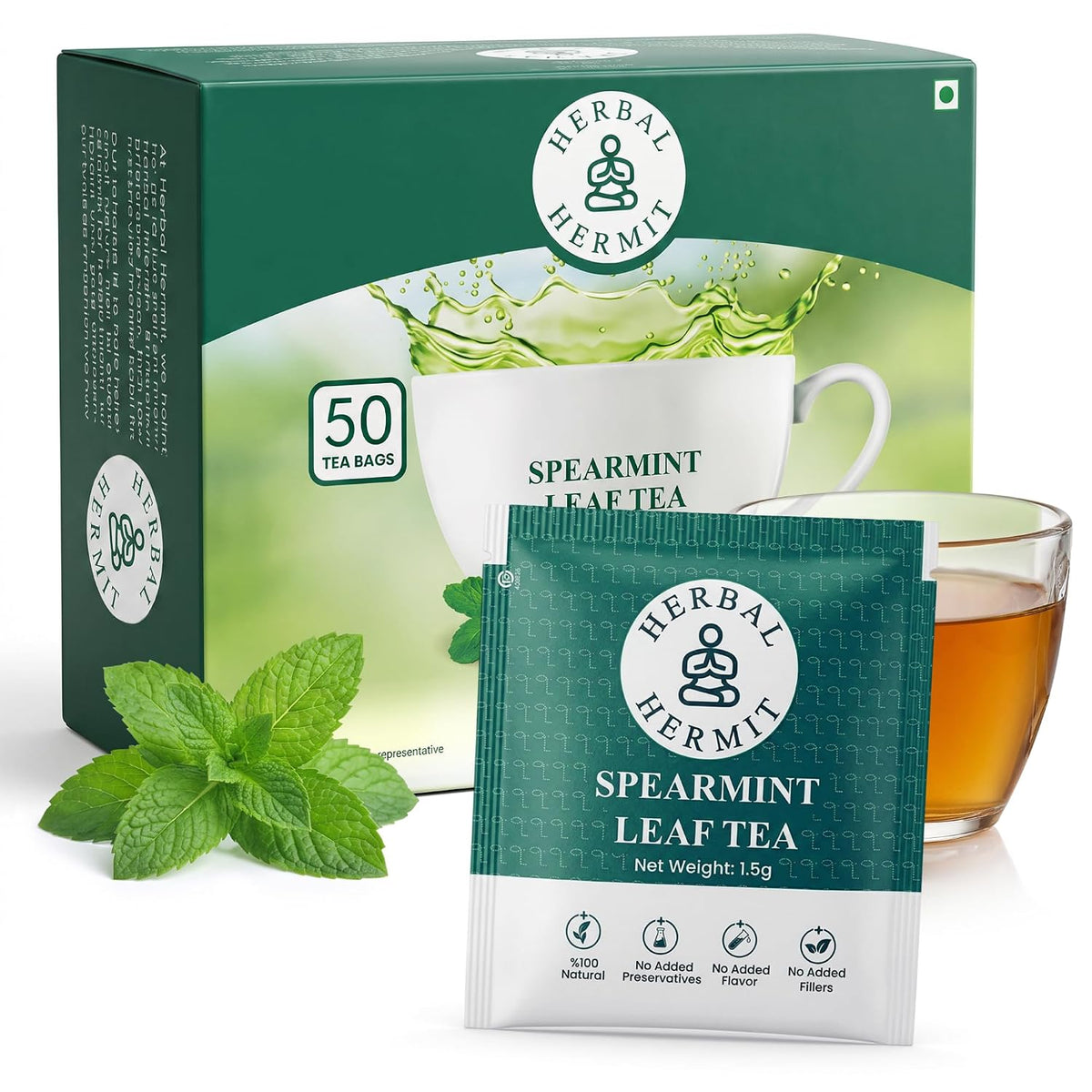 Spearmint Tea Bags - 50 Tea Bags - Pure Spearmint Leaves - Caffeine Free Herbal Tea - Natural Digestive Support & Breath Freshener - Non-GMO