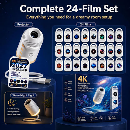 2027 New Hd Smart Dynamic 5d Holographic Night Light Projector, Plug and Play Hd Star Projector, 360° Adjustable Hd Galaxy and Ocean Projector for Bedroom Ceiling (24 Projection Films)