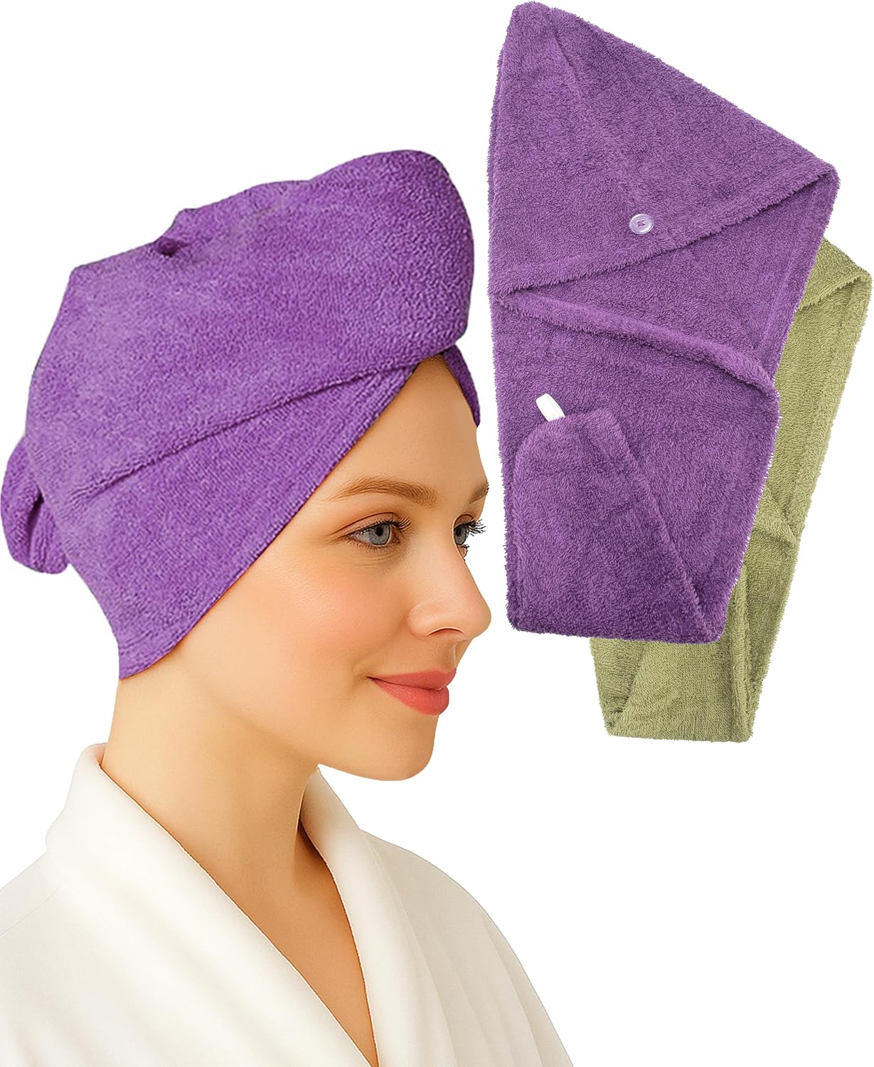 Textila 100% Cotton Hair Wrap Towels for Women (Pack of 2, Raspberry & Green) – Soft & Absorbent Turban Towels for Long, Curly, Frizz-Prone Hair