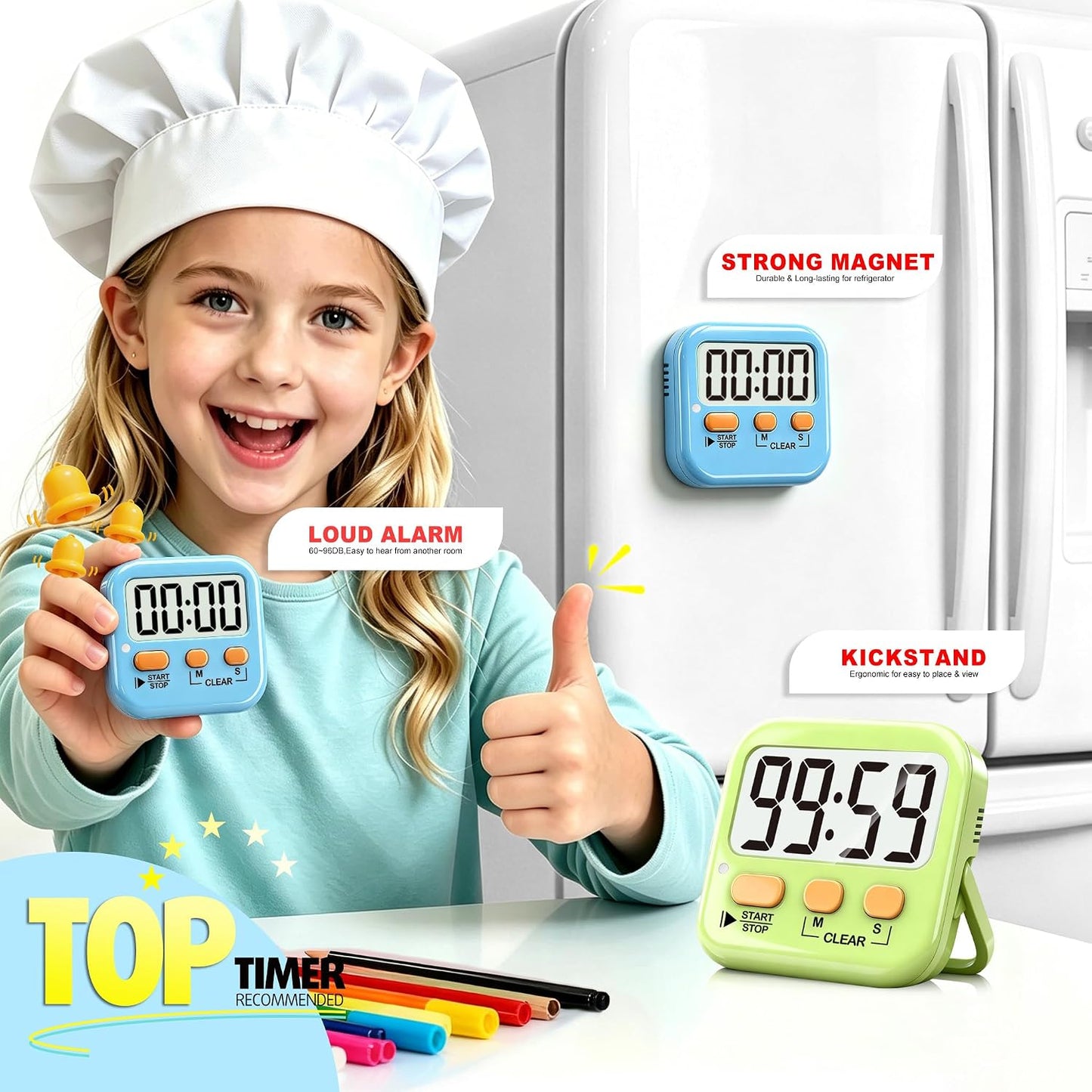 Antonki 2 Pack Digital Timer for Kids, Magnetic Countdown Kitchen Timers for Cooking, Egg, Classroom, Teacher, Exercise, Study, Oven - Battery Included