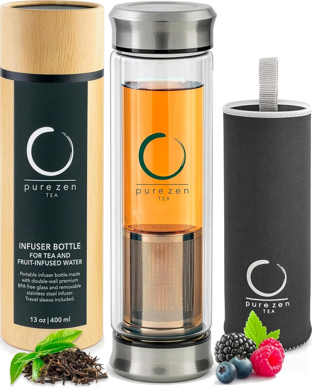 Pure Zen Tea Infuser Bottle - Double Wall Glass Travel Mug with Stainless Steel Filter - Leakproof Tea Tumbler with Infuser for Loose Leaf Infusions and Fruit Infused Water - Unique Gift Set - 13 oz