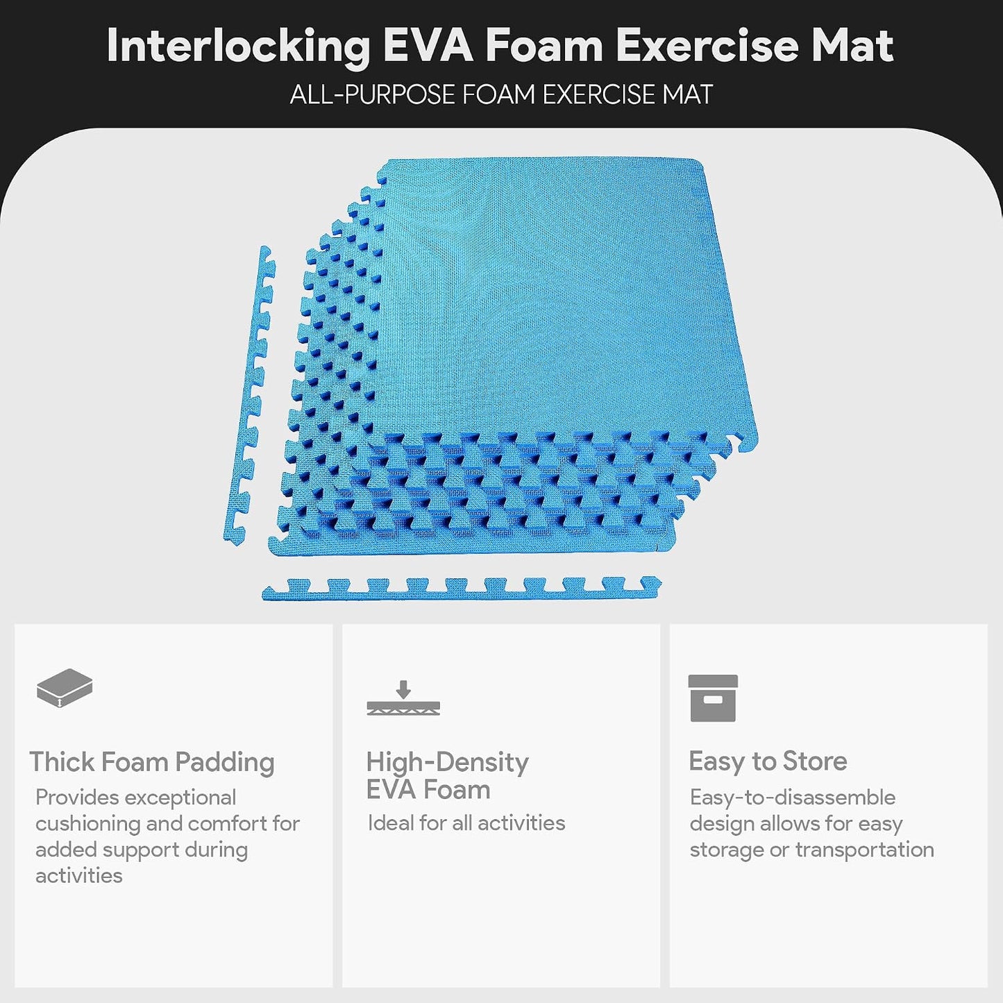 BalanceFrom Puzzle Exercise Mat 1/2" Thick, EVA Interlocking Foam Floor | Tiles for Home Gym, Mat for Home Workout Equipment, Floor Padding for Kids, Black, 24 in x 24 in x 1/2 in, 144 Sq Ft-36 Tiles