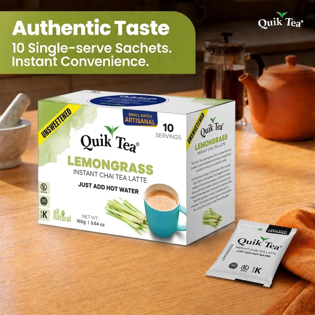 QuikTea Instant Chai Tea Latte Mix, Lemongrass, Unsweetened, 10 Sachets