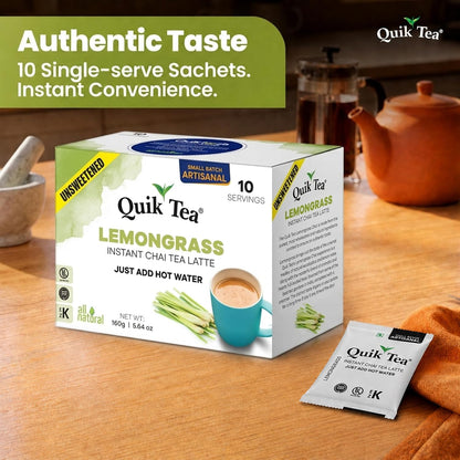 QuikTea Instant Chai Tea Latte Mix, Lemongrass, Unsweetened, 10 Sachets