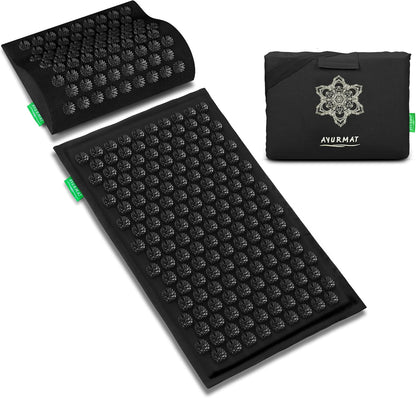 Acupressure Mat and Pillow Set - Full Body Pro Kit for Stress Relief, Muscle Relaxation & Pain Relief - Natural Eco-Friendly Linen & Coconut Fiber Mat - Includes Carrying Bag (Black)