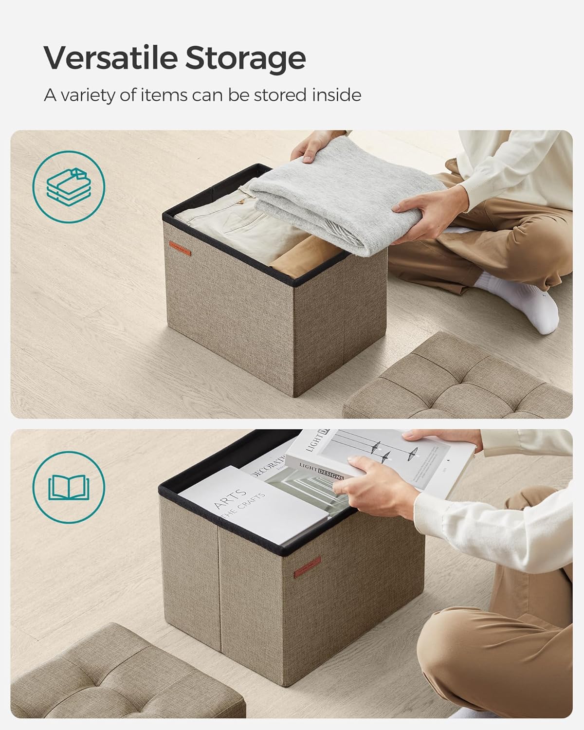 SONGMICS Mazie Collection - Small Folding Storage Ottoman, Foot Rest Stool, 12.2 x 16.1 x 12.2 Inches, 286 lb Load Capacity, for Living Room, Bedroom, Home Office, Dorm, Dark Gray ULSF102G01