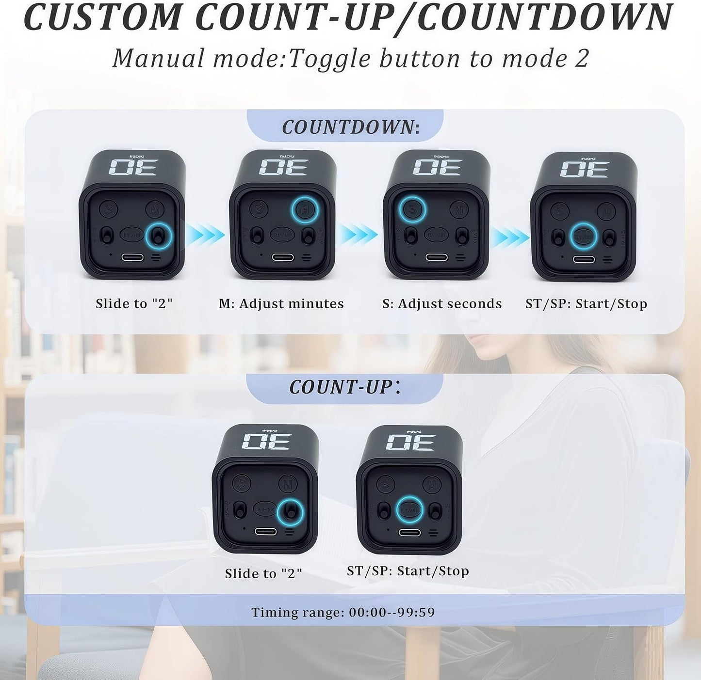 Rotating Pomodoro Timer 5,10,30, 60 Minutes Preset,Desk Productivity Flip Timer, Visual Cube Countdown Stopwatch,Custom Modes/Vibration/High/Low Volume,ADHD Timers, for Study, Work, School, Kitchen