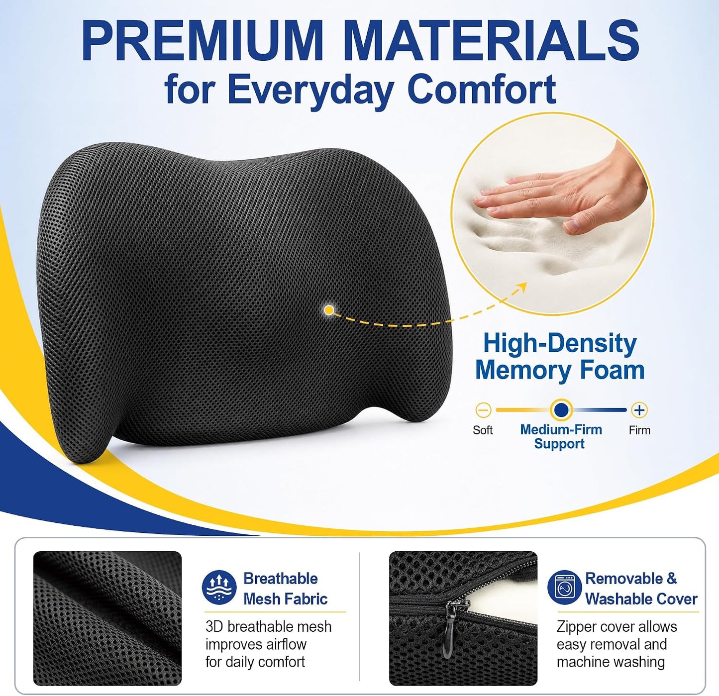 Lumbar Support Pillow for Car, Memory Foam, Black | Back Pain Relief, Adjustable Straps, Office Chair Compatible, Desk Chair Compatible