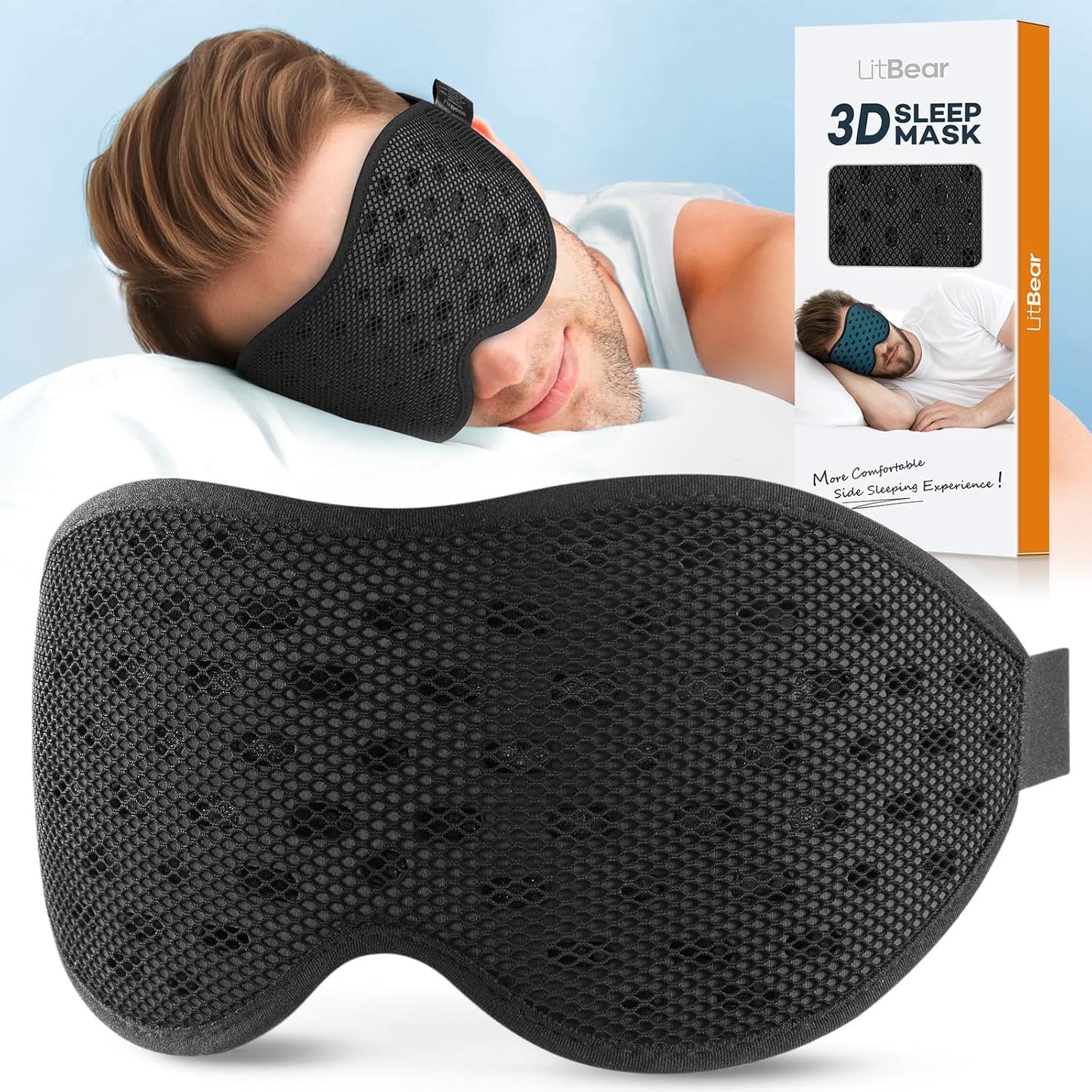 LitBear Breathable Sleep Mask, 3D Eye Mask Sleep for Side Sleepers Women Men, Light Blocking Sleeping Mask with Adjustable Strap, Soft Lightweight Eye Cover for Travel, Night Work, Nap, Office - Blue