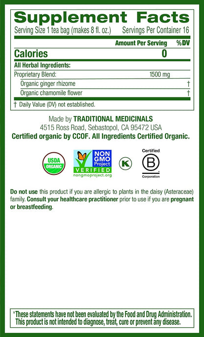 Traditional Medicinals Organic Ginger & Chamomile Herbal Tea, Relieves Occasional Indigestion or Nausea, (Pack of 3) - 48 Tea Bags Total
