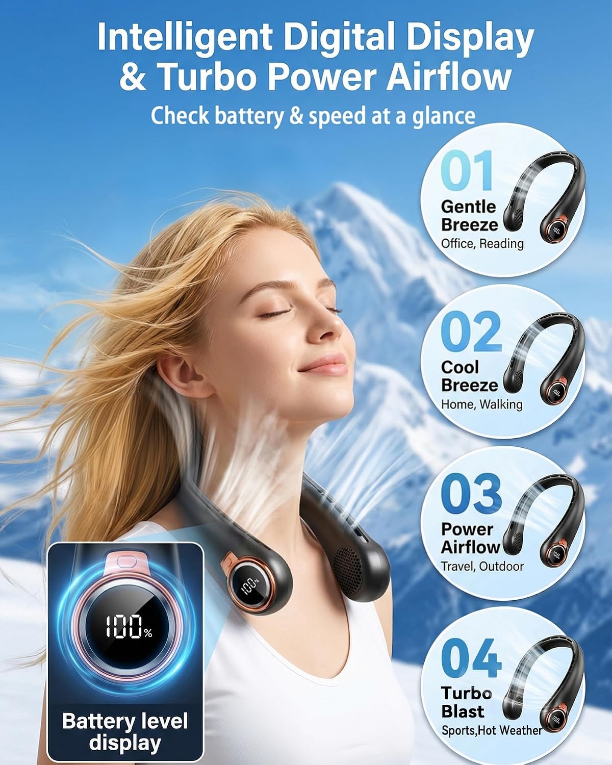 𝟐𝟎𝟐𝟔 𝐔𝐩𝐠𝐫𝐚𝐝𝐞 BNBZ Portable Neck Fan,6000mAh Rechargeable Wearable Fan with LED Display,4 Speeds,Up to 15H Runtime,Quiet 360° Airflow Hands-Free Personal Fan for Travel,Work,Gym &Outdoor Use