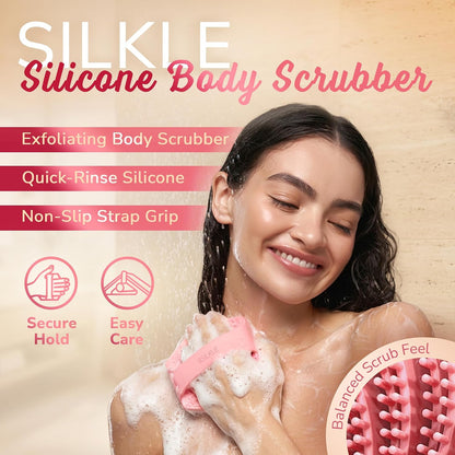 SILKLE Silicone Body Scrubber – Gentle Exfoliating Shower Scrubber for Body & Bath, Silicone Shower Brush & Loofah Alternative – Non-Slip Silicone Body Brush, Quick Dry, Hygienic - Pink