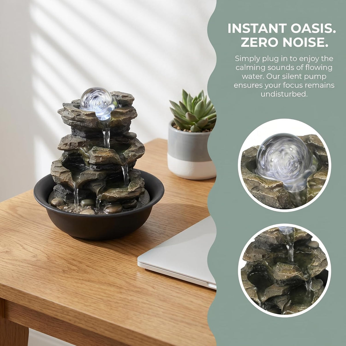 8.3” H Indoor Zen Tabletop Water Fountain, Rock Cascading Waterfall with Spinning Crystal Ball & LED Light for Home Office Decor