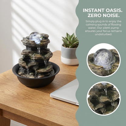 8.3” H Indoor Zen Tabletop Water Fountain, Rock Cascading Waterfall with Spinning Crystal Ball & LED Light for Home Office Decor