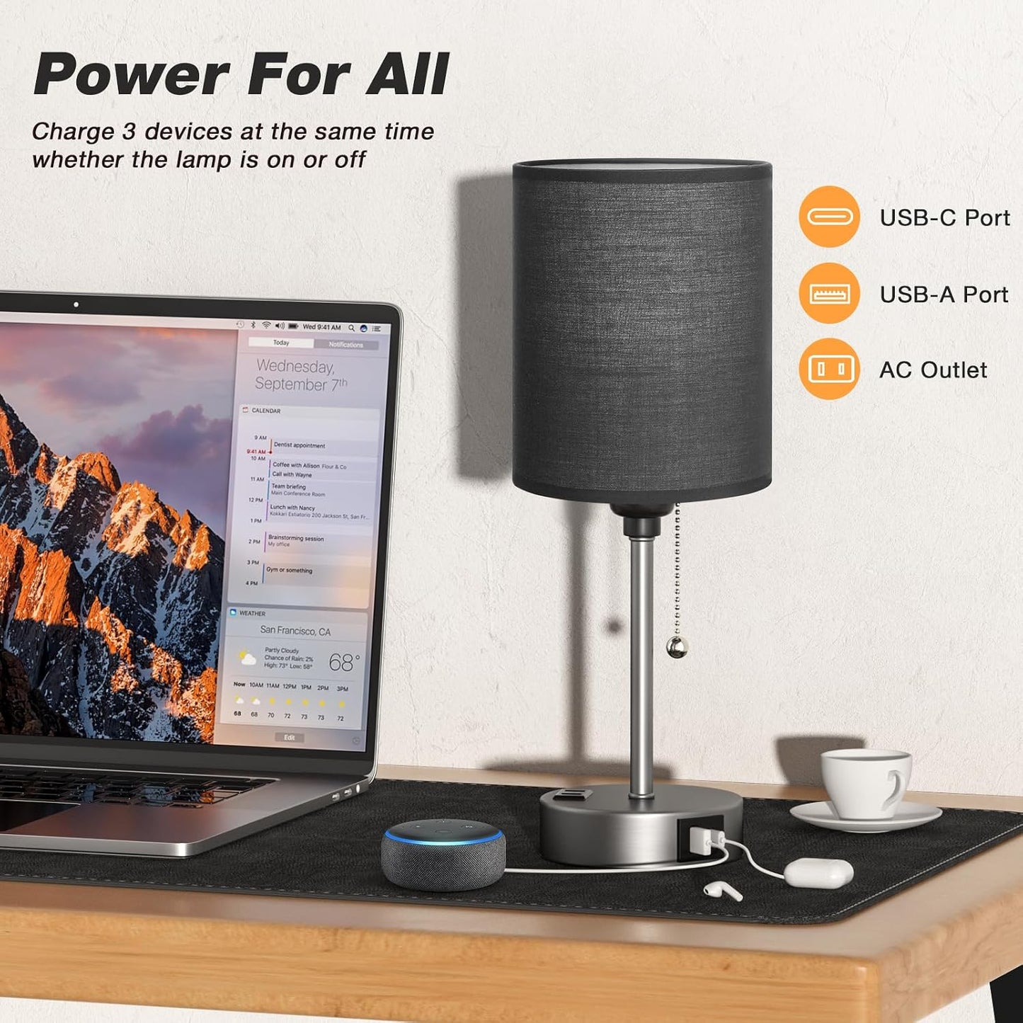 Small Bedside Table lamp for Bedroom - 3 Color Temperatures Bedside Lamps with USB C and A Ports, Pull Chain Table Lamps with AC Outlet, White Nightstand Lamps with Black Metal Base for Kids Reading