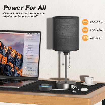 Small Bedside Table lamp for Bedroom - 3 Color Temperatures Bedside Lamps with USB C and A Ports, Pull Chain Table Lamps with AC Outlet, White Nightstand Lamps with Black Metal Base for Kids Reading