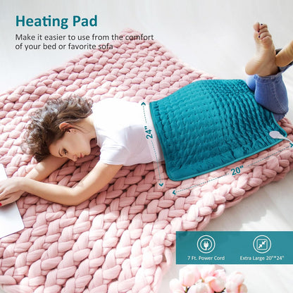 Heating pad for Back/Shoulder/Neck/Abdomen, Heating Pads with 6 Fast Heating Settings, Auto-Off, Machine Wash, Birthday Gifts for Women Mom Men Dad, Extra Large 12"x24", Blue