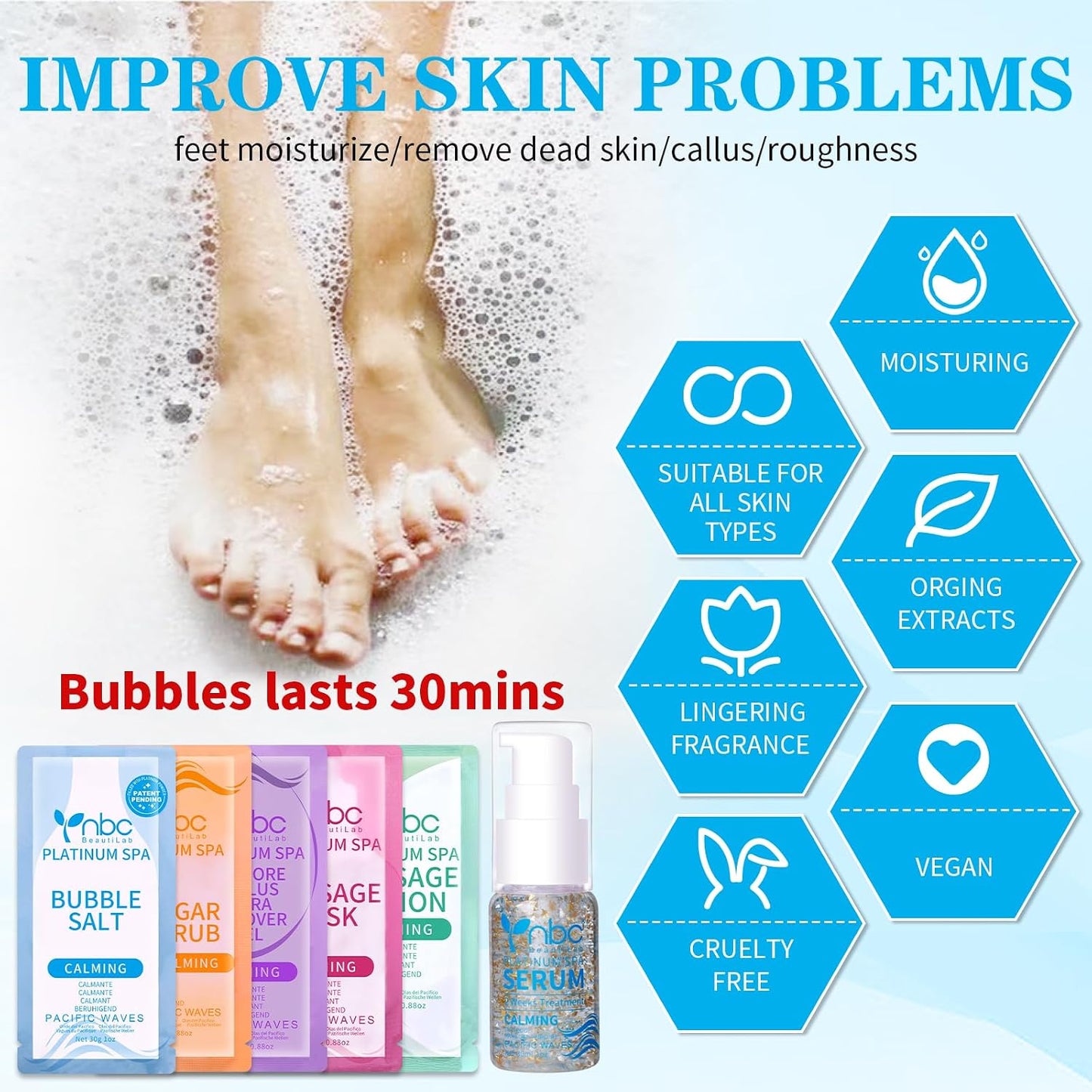 Pedicure Kit Foot Soak Set: Bubble Salt, Sugar Scrub, Massage Mask, Massage Lotion in a Box, 4 Step Foot Spa Kit for Dry Feet, Softens Calluses, Tired Feet（3 Set Lavender) - Colors A