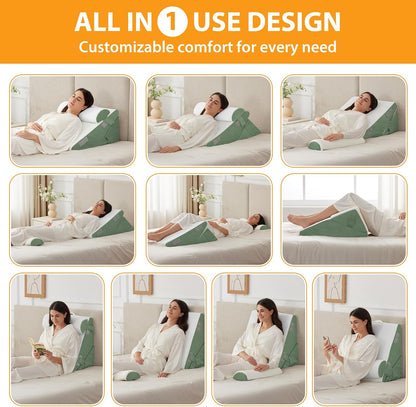 Ruqmuis 3PCS Wedge Pillow Set for After Surgery, Adjustable 9&12 Inch Bed Wedge Pillow for Sleeping, Incline Pillow Wedge for Headboard, Post Surgery, Acid Reflux, Neck&Back Support, White/Grey