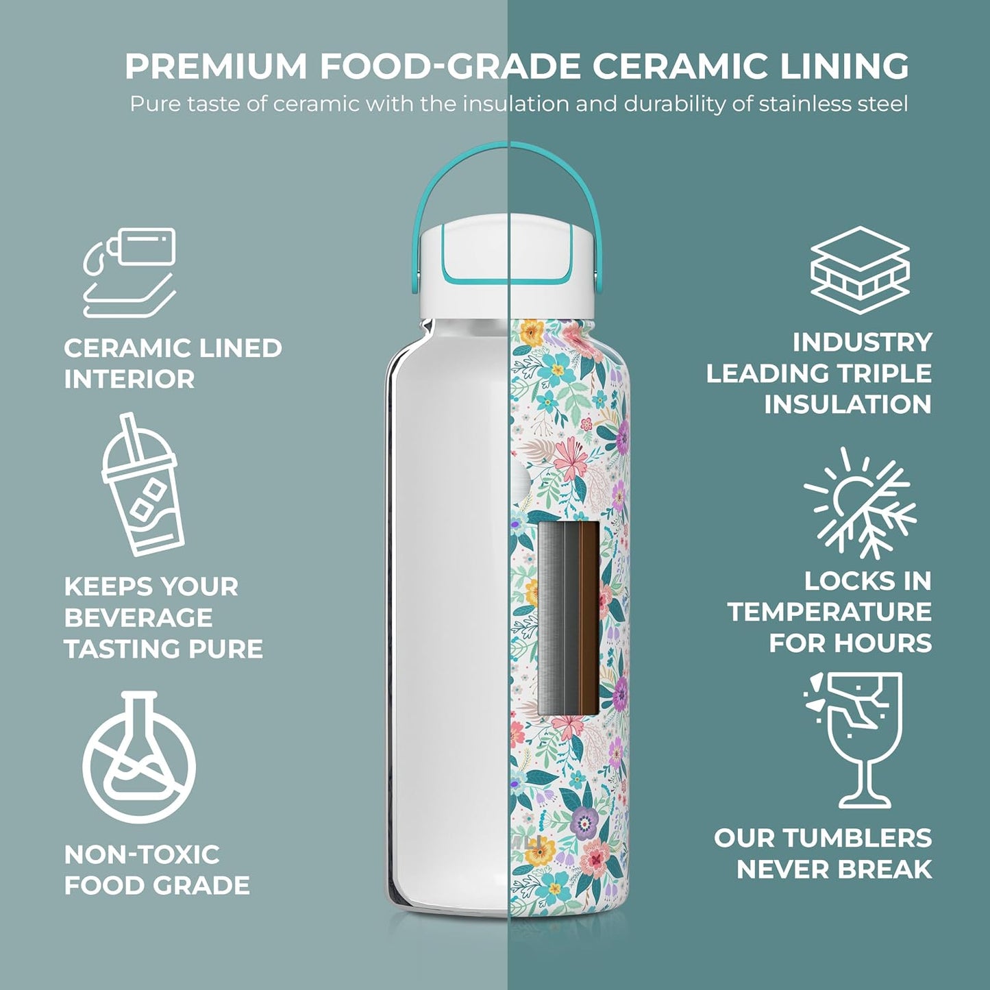 22 oz Ceramic Lined Tea Infuser Travel Tumbler, Micro-Mesh Stainless Steel Infuser, Pure Taste Ceramic Interior, Triple Insulated 12hr Hot Cold, Dual Sip & Straw Lid, Scratch-Resistant