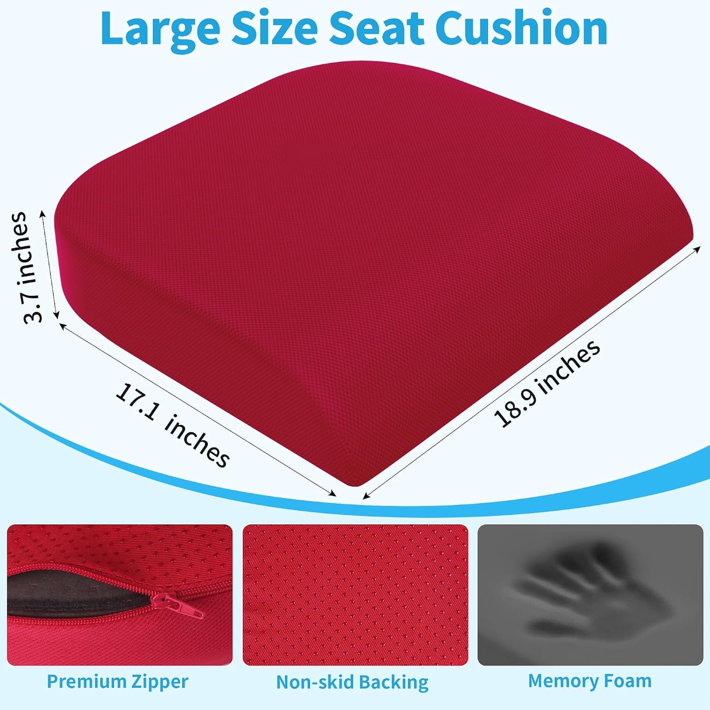 TranquilRelax Large Seat Cushion, Memory Foam Cushion for Long Sitting Hours on Office Chair, Car Seat, Non-Slip Chair Pad for Sciatica, Coccyx, Tailbone Pain Relief & Post-Surgery Recovery (Black)