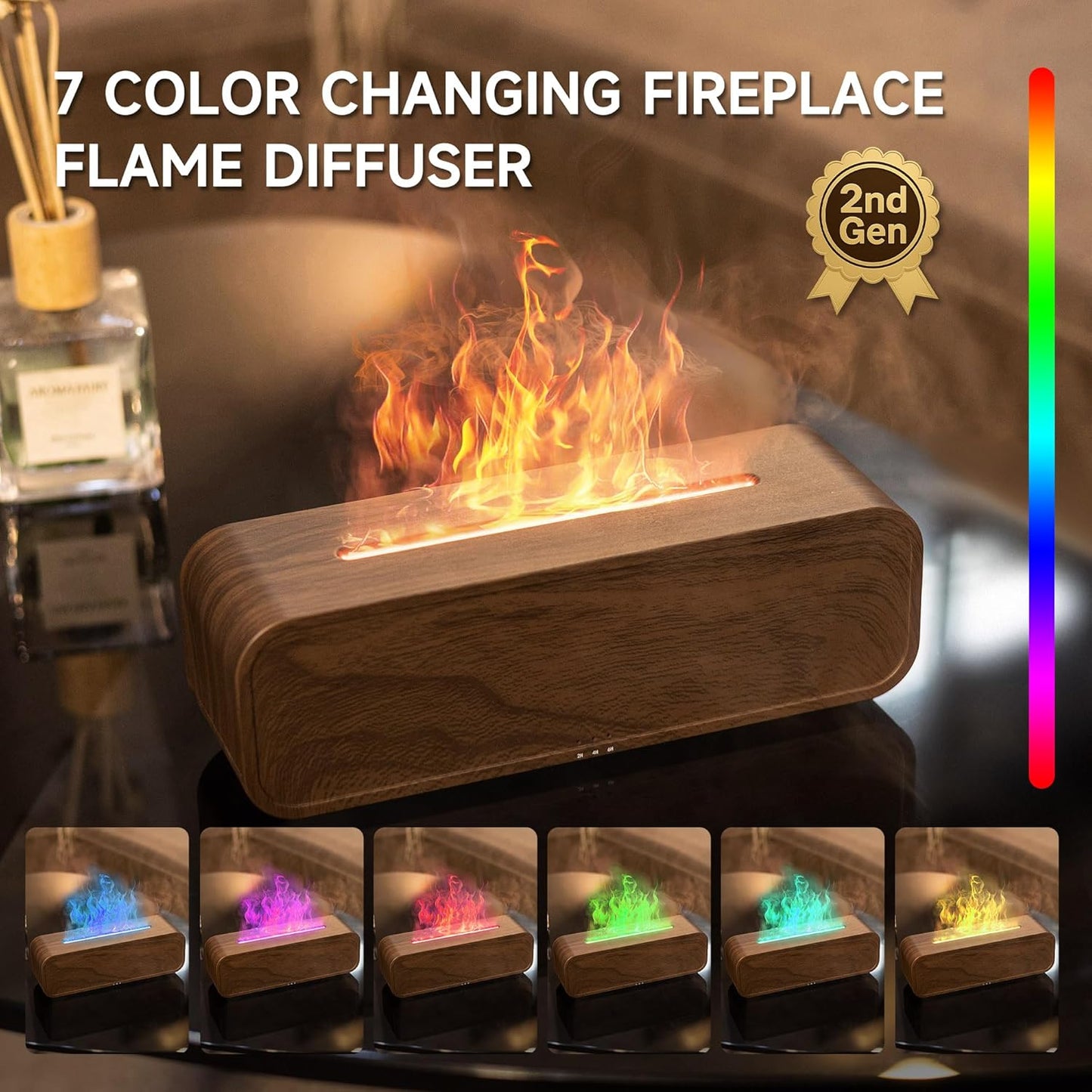 TMEHM Fireplace Flame Air Diffuser Humidifier,7 Colors Aromatherapy Essential Oil Diffuser,Ultrasonic Aroma Humidifier with Timer for Home,Bedroom,Office,Yoga (Black)