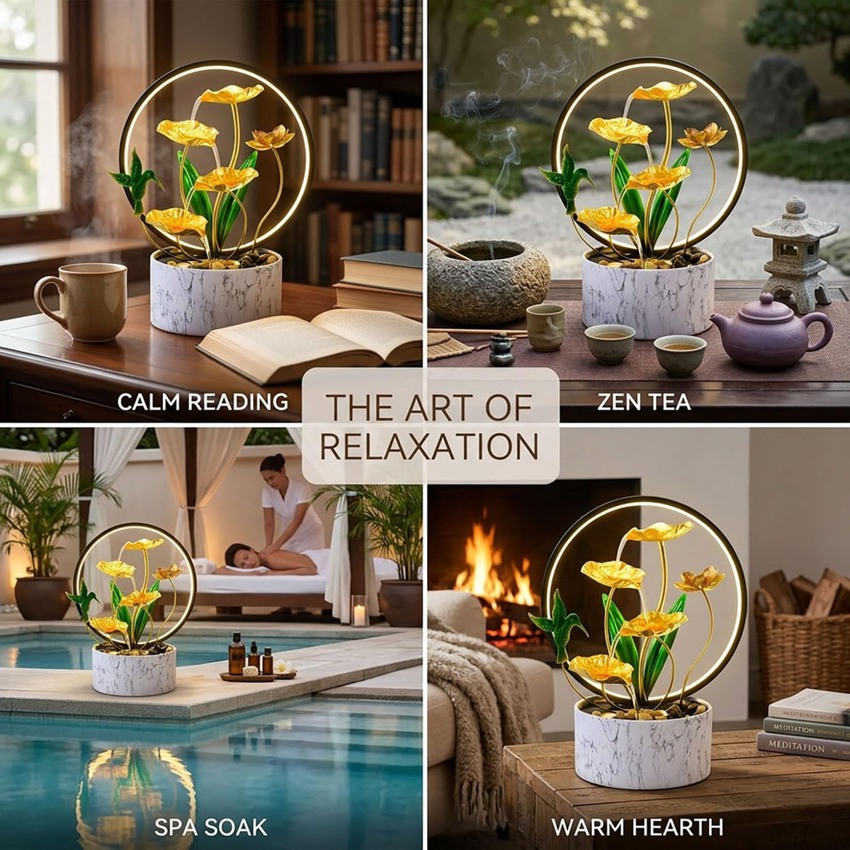 15" H Indoor Modern Tabletop Water Fountain LED Light, Yoga Meditation Room Father Day Decor Lotus Flower Floor-Standing Fountain