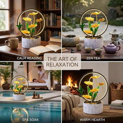 15" H Indoor Modern Tabletop Water Fountain LED Light, Yoga Meditation Room Father Day Decor Lotus Flower Floor-Standing Fountain