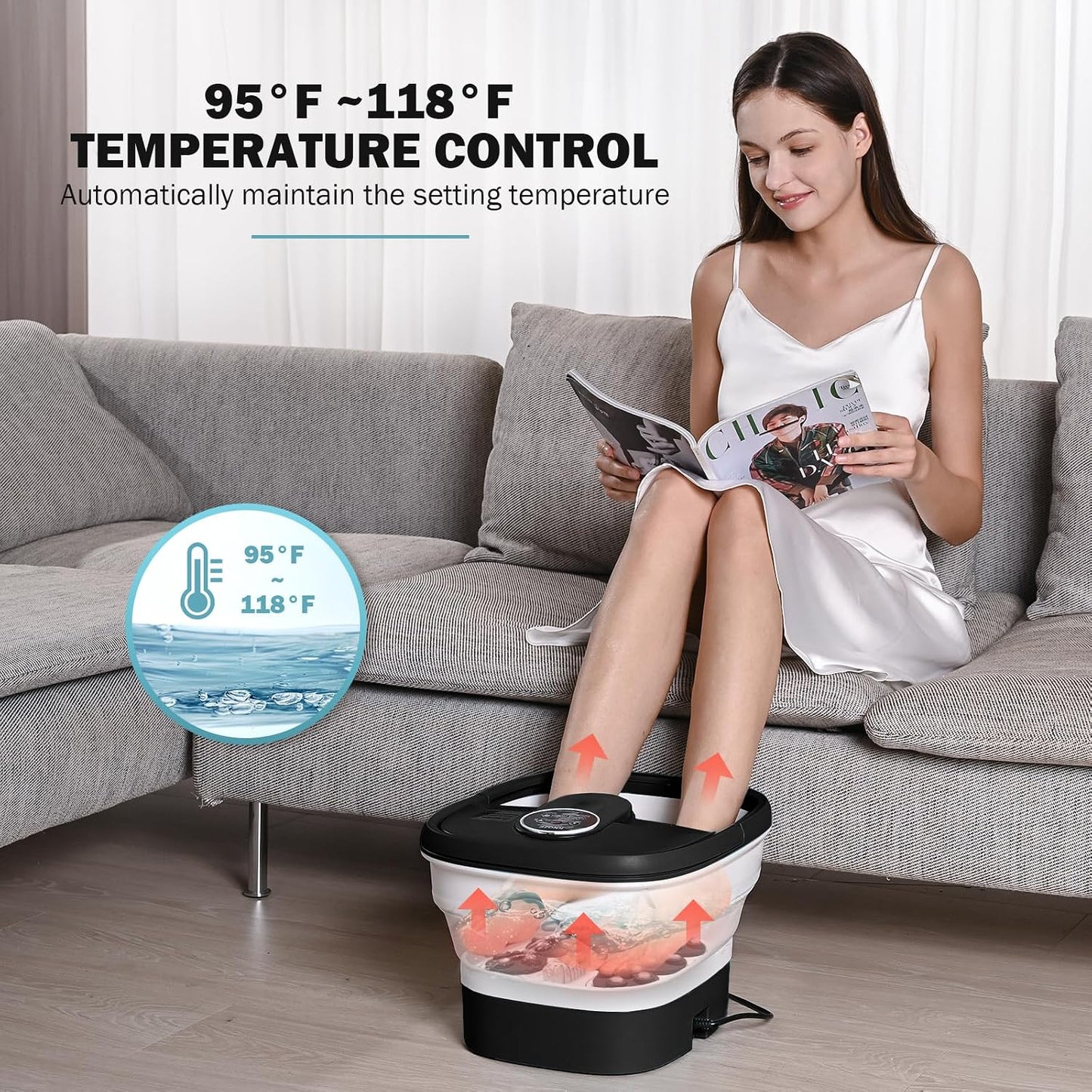 KNQZE Collapsible Foot Spa Bath with Heat & Remote Control, Bubble Massage, Temperature Control, Red Light, Timer, 16 Rollers & Pumice Stone for a Soothing Spa Experience