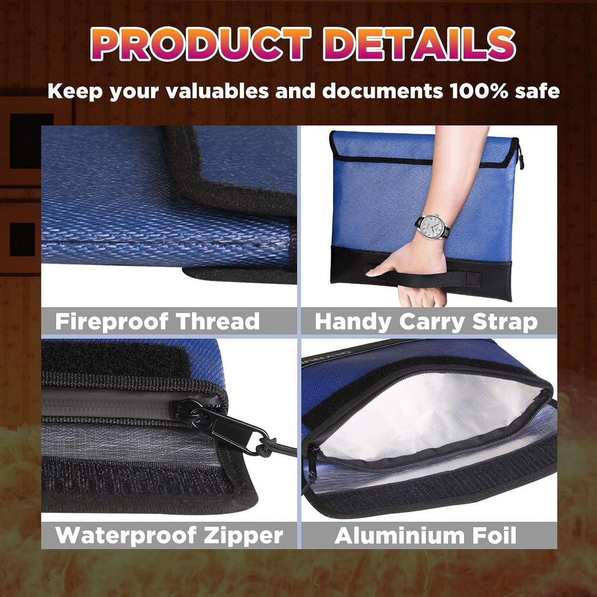 Fireproof Money Bag 2 Pack, Waterproof Document Pouch for Cash & Passport