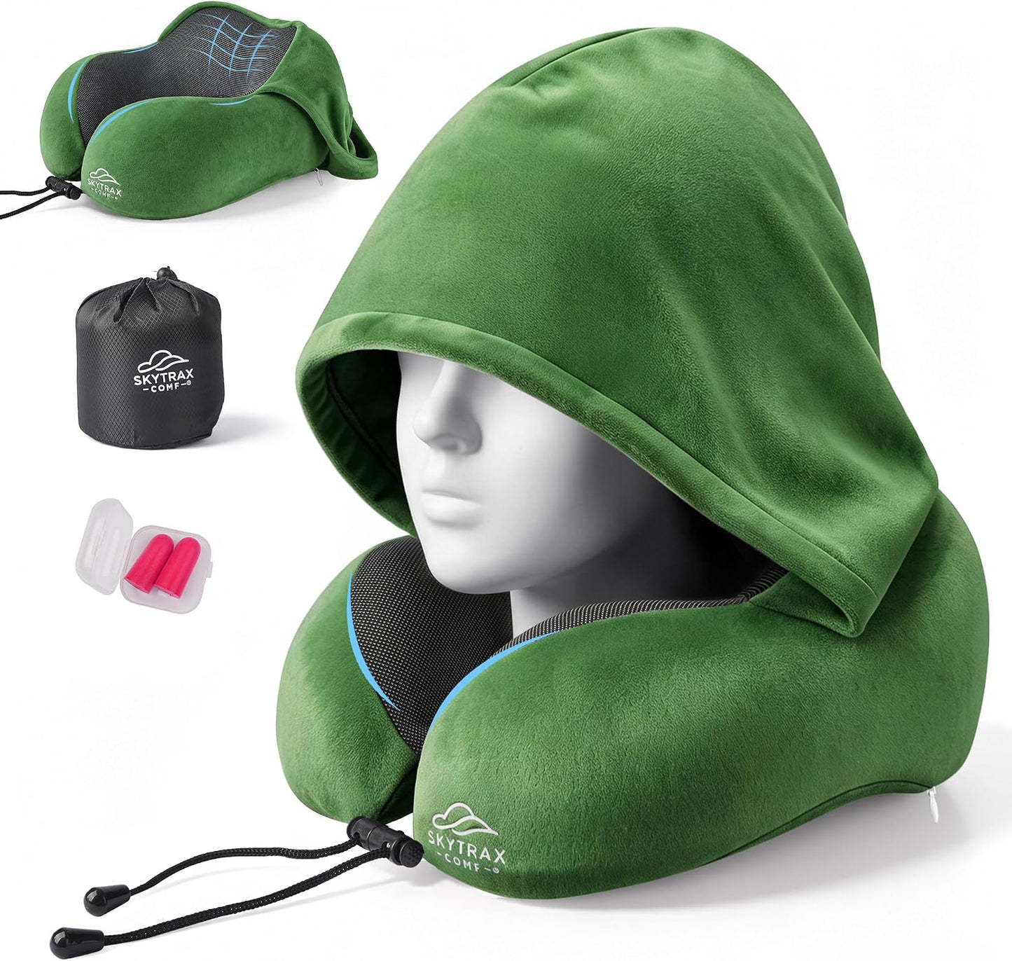 SkytraxComf® Travel Neck Pillow with Hood for Privacy on Long Flights | Memory Foam | Airplane Sleep | Safety-Tested Materials | Extra Large Hood | Chin Support | Earplugs | Washable Cover