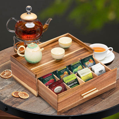 Tea Bag Organizer, Acacia Wood Tea Organizers and Storage Box, Tea Bag Holder Station Caddy Container for Countertop, Tea Accessories Gift Box with Drawer