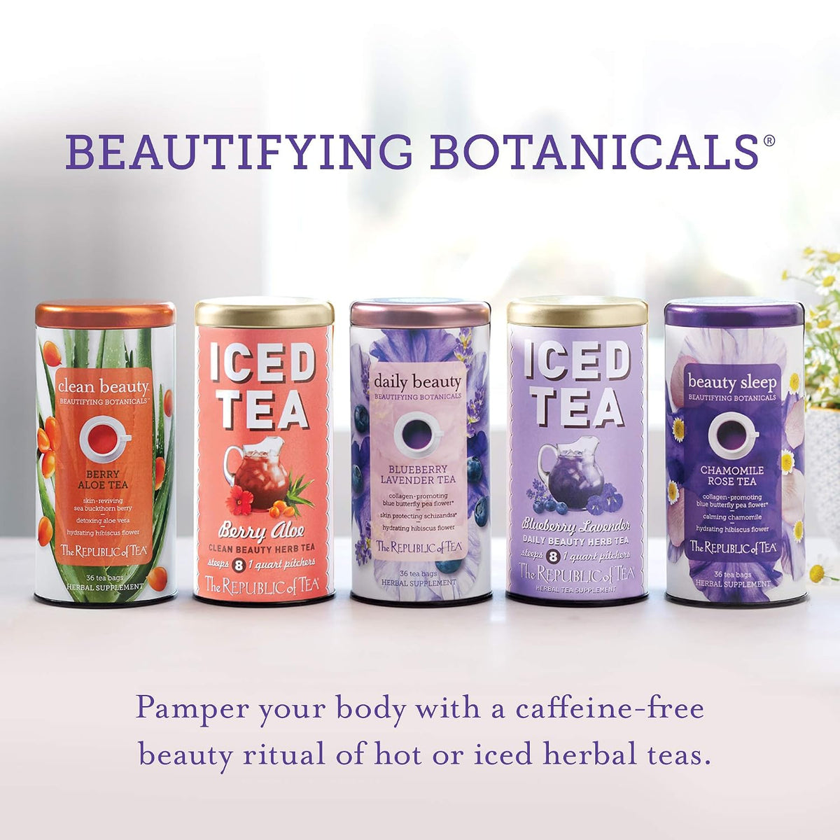 The Republic of Tea – Beautifying Botanicals - Daily Beauty and Beauty Sleep Herbal Tea Bundle – 36 Count Tea Bags Each