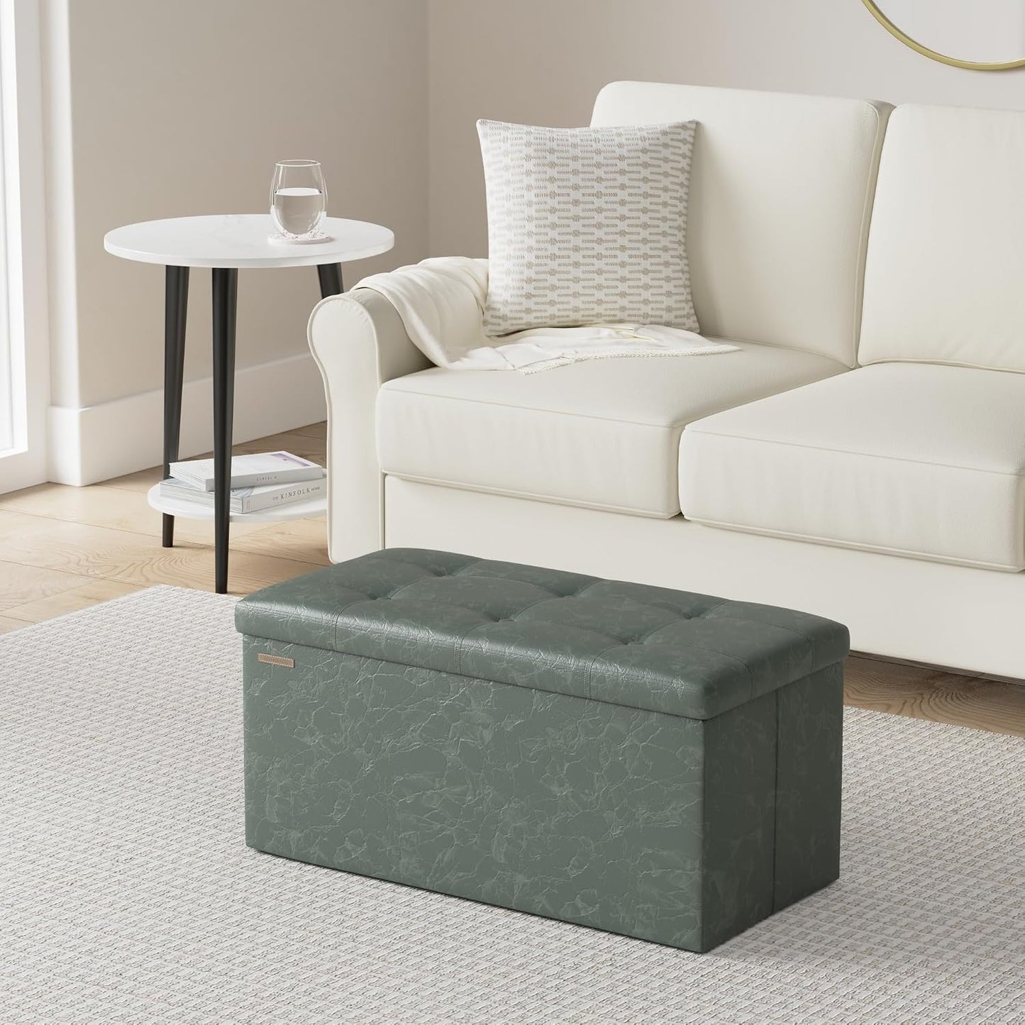 SONGMICS MAZIE Collection - 43 Inches Folding Storage Ottoman Bench, Ottoman with Storage, Foot Rest Stool, Load 660 lb, for Living Room, Synthetic Leather, Black ULSF701