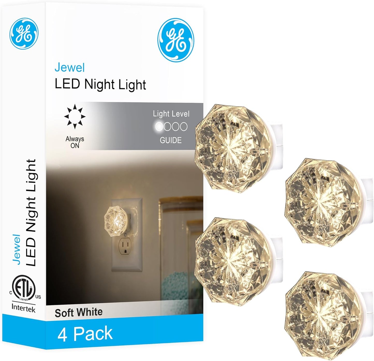 GE SleepLite Jewel LED Night Light, Plug-in, Always On, Amber, UL-Certified, Energy Efficient, Ideal Nightlight for Bedroom, Bathroom, Nursery, Hallway, Kitchen, 85881, 4 Pack
