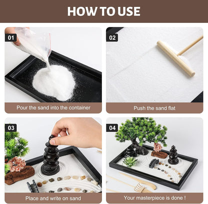 Zen Garden Kit for Desk Decor - Premium Beautiful Japanese Mini Sand Box Set Home, Office with Black Wooden Tray, White Sand, Rake Tools Desktop Meditation, Therapy and Accessories