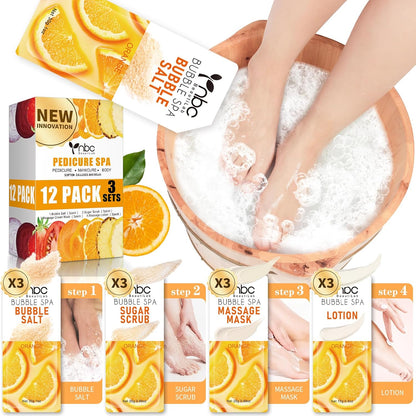 Pedicure Kit Foot Soak Set: Bubble Salt, Sugar Scrub, Massage Mask, Massage Lotion in a Box, 4 Step Foot Spa Kit for Dry Feet, Softens Calluses, Tired Feet（3 Set Lavender) - Colors B