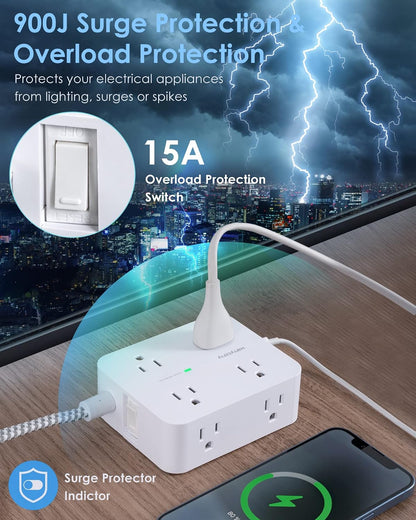HANYCONY Surge Protector Power Strip, 1080J, 5 Ft Braided Extension Cord