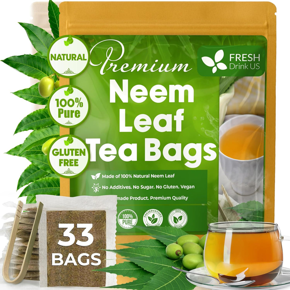 FreshDrinkUS, Premium Neem Leaf Tea Bags, 33 Count, Pure, Caffeine Free