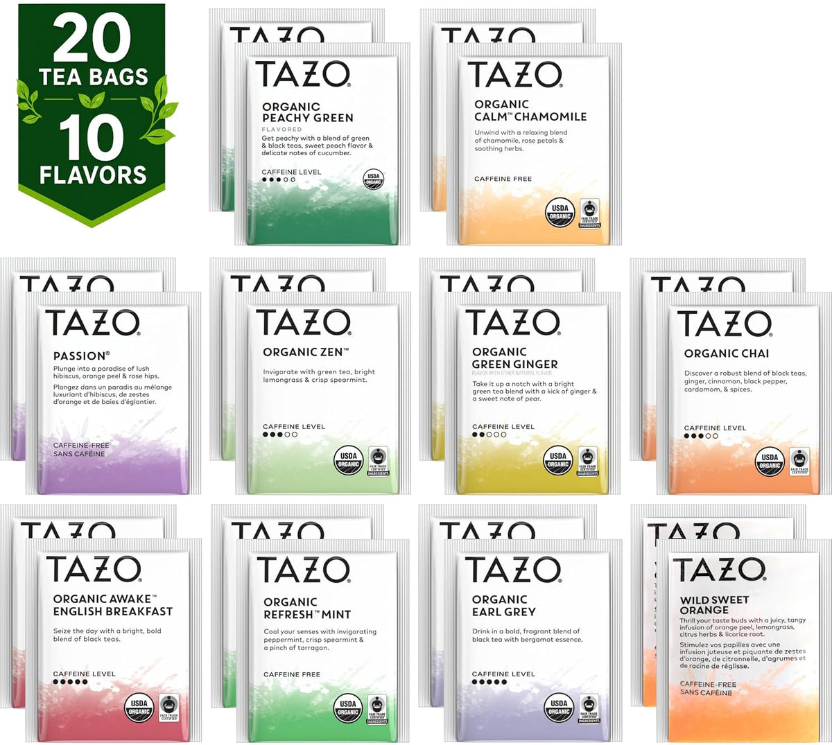 Tazo Tea Bags Sampler 20 Count Variety Gift Box, 10 Different Flavors