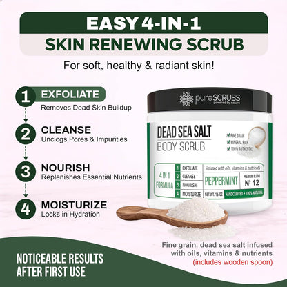 pureSCRUBS Premium Cucumber Body Scrub Set, Exfoliating Dead Sea Salt Scrub | Ultra Skin Smoothing, Deeply Moisturizing, Shower Scrub for Women, Softens Rough, Dry Skin, Includes Loofah, Spoon & Soap