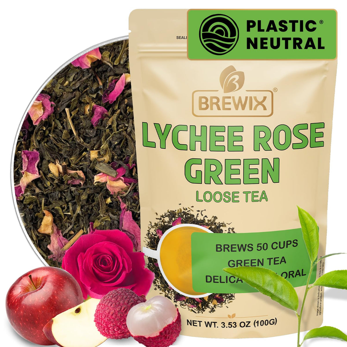 BREWIX, Lychee Rose Green Tea Loose Leaf (50+ Cups, 3.53oz/100g) Gluten Free I High Elevation Grown Green Tea Leaves with Apple, Lychee and Rose | Pure Sourced Direct from India