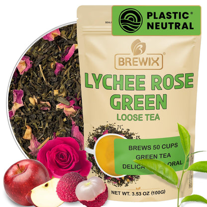 BREWIX, Lychee Rose Green Tea Loose Leaf (50+ Cups, 3.53oz/100g) Gluten Free I High Elevation Grown Green Tea Leaves with Apple, Lychee and Rose | Pure Sourced Direct from India