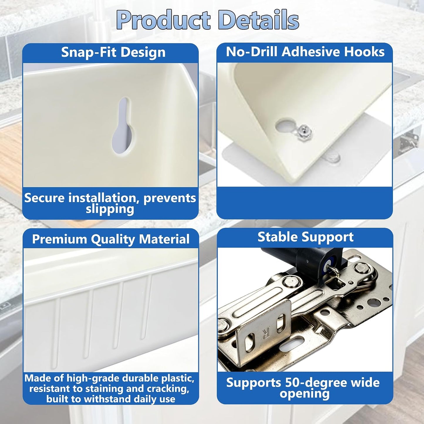 11" Tip-Out Plastic Sink Trays with LD-0220-50SC Steel Hinges | Kitchen Sink Front Tip Out Tray Kit for Bathroom and Kitchen | White (2 Trays & 4 Hinges & Screws Set & 1 Installation Wrench)